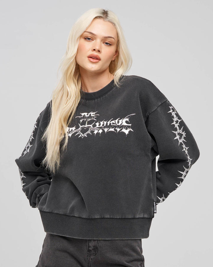 METAL HEART | WOMENS CREW PULLOVER - WASHED BLACK
