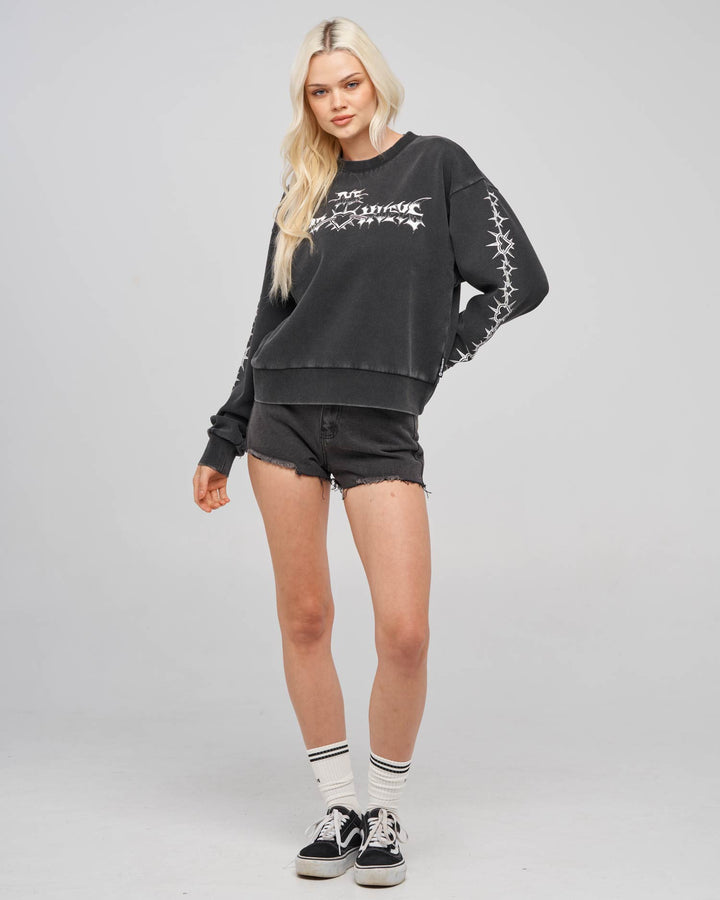 METAL HEART | WOMENS CREW PULLOVER - WASHED BLACK