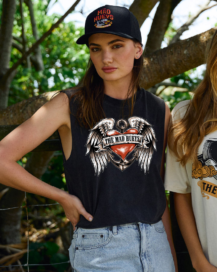 HARLEY HEART | WOMENS CROP MUSCLE - BLACK