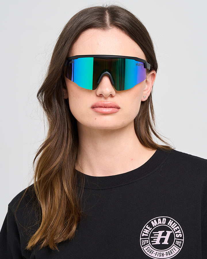 DOSE | WOMENS GREEN MIRROR SUNGLASSES - MATTE BLACK