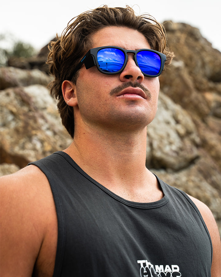 X ANGLER | BLUE MIRROR POLARISED SUNGLASSES - MATTE BLACK