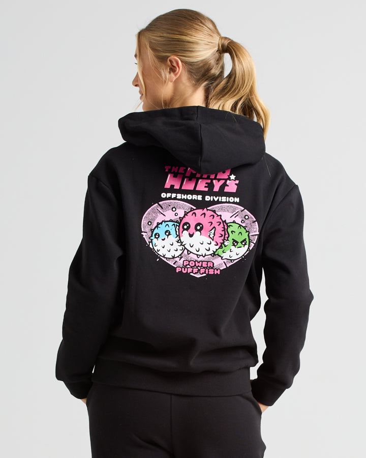 POWER PUFF FISH | WOMENS HOODED PULLOVER - BLACK