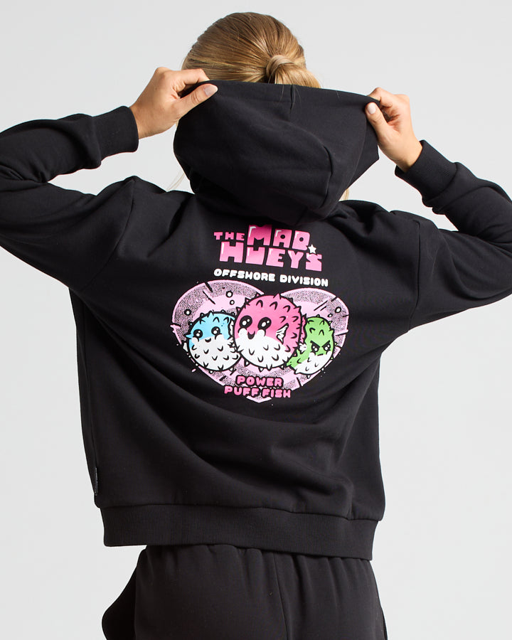 POWER PUFF FISH | WOMENS HOODED PULLOVER - BLACK