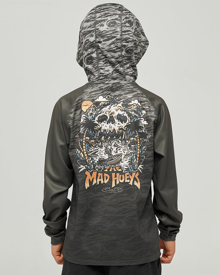 SKULL PARADISE JUNGLE | YOUTH HOODED FISHING JERSEY - OLIVE