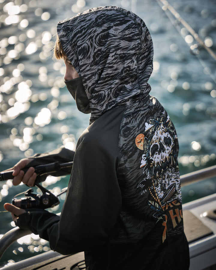 SKULL PARADISE JUNGLE | YOUTH HOODED FISHING JERSEY - OLIVE