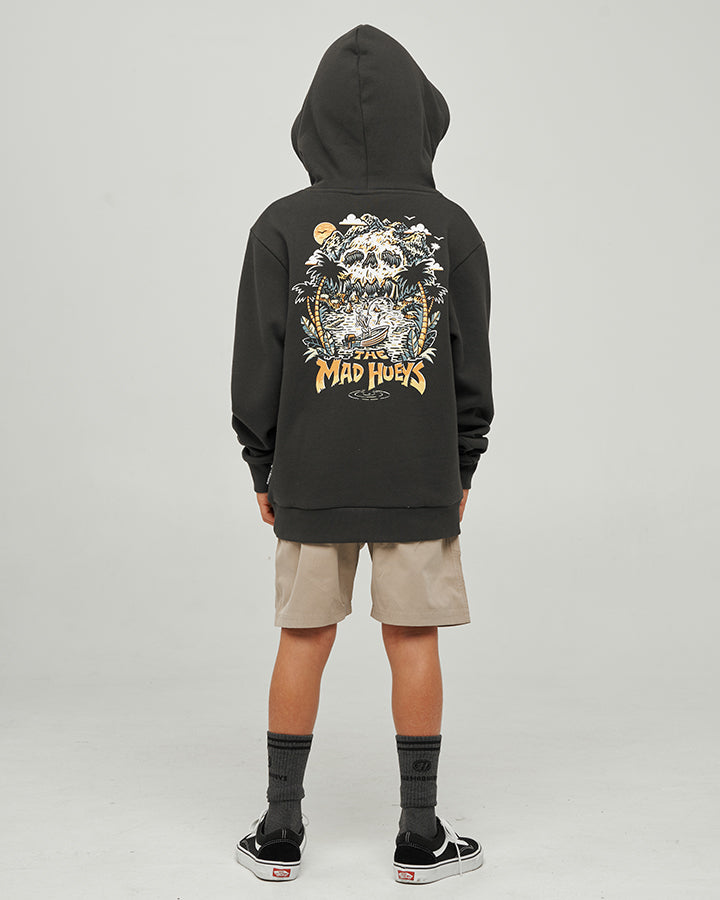 SKULL PARADISE JUNGLE | YOUTH HOODED PULLOVER - VINTAGE BLACK