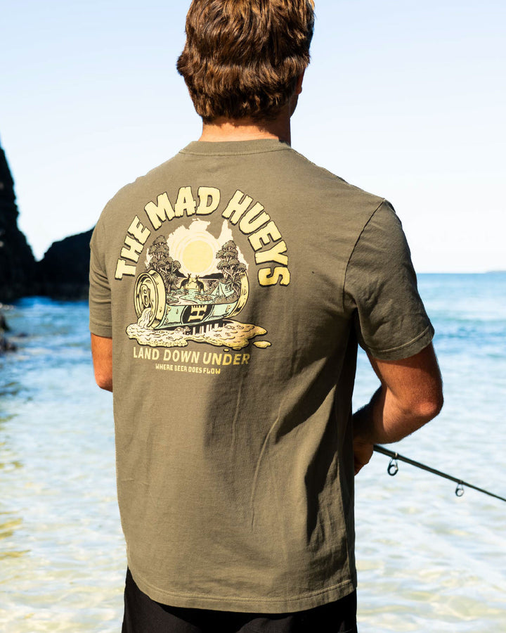 The Mad Hueys Land Down Under SS T-shirt in Olive, lifestyle view