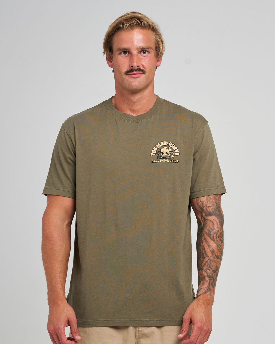 The Mad Hueys Land Down Under SS T-shirt in Olive, alternate view 4