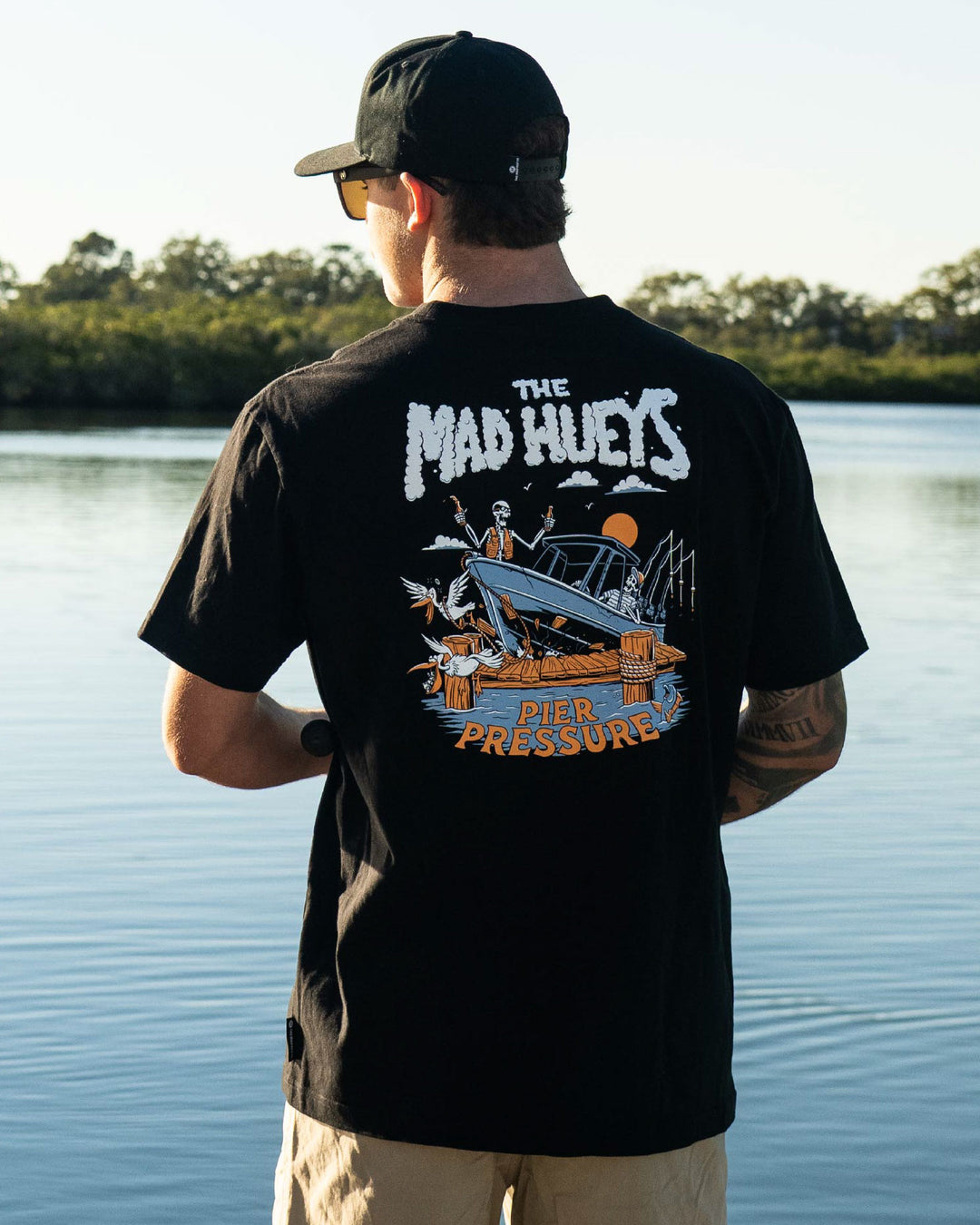 The Mad Hueys Pier Pressure SS T-shirt in Black, lifestyle view