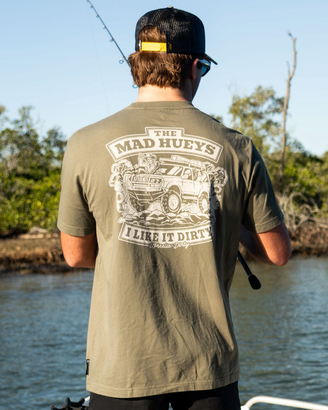The Mad Hueys Wheelie Dirty SS T-shirt in Olive, lifestyle view