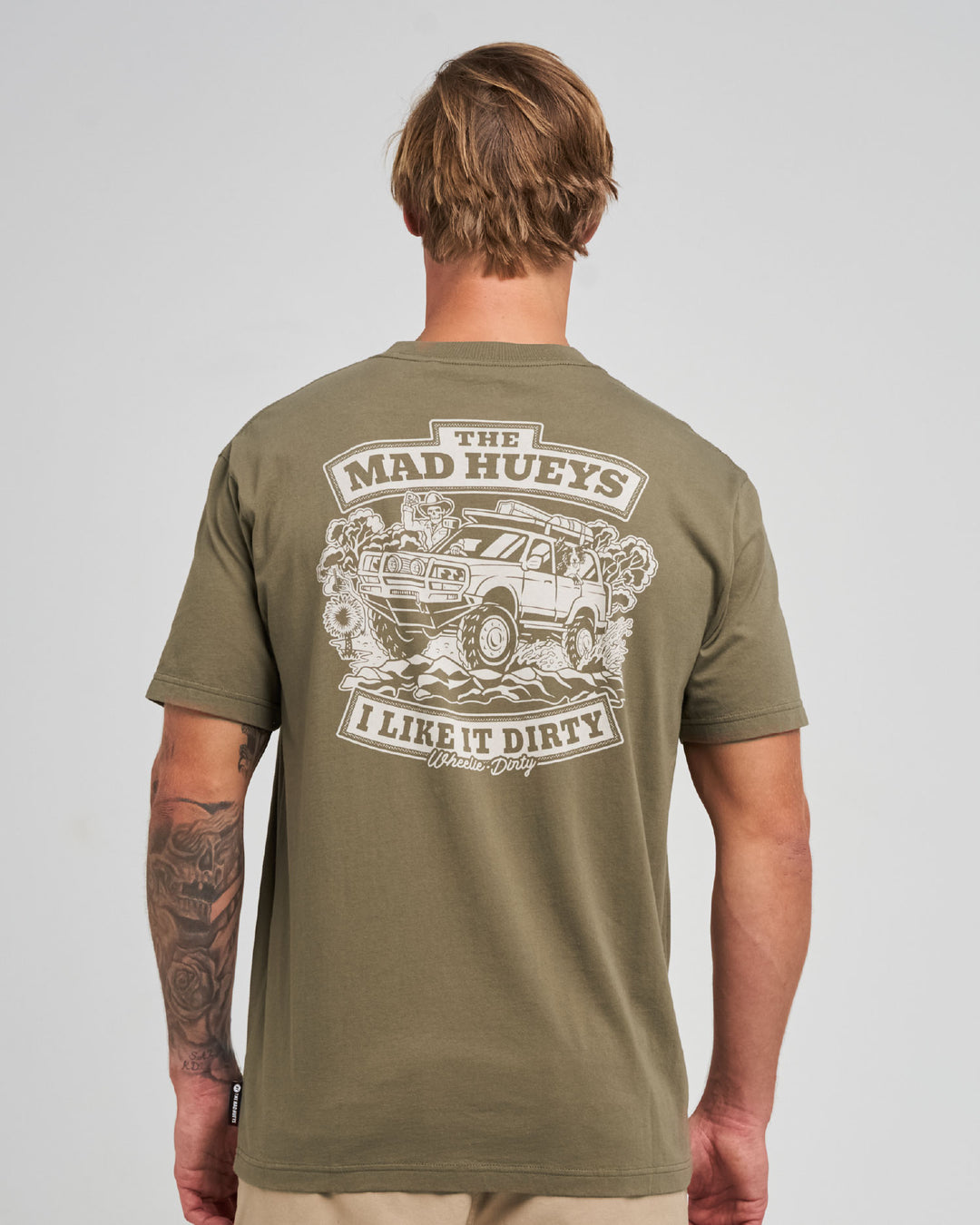 The Mad Hueys Wheelie Dirty SS T-shirt in Olive, alternate view 3