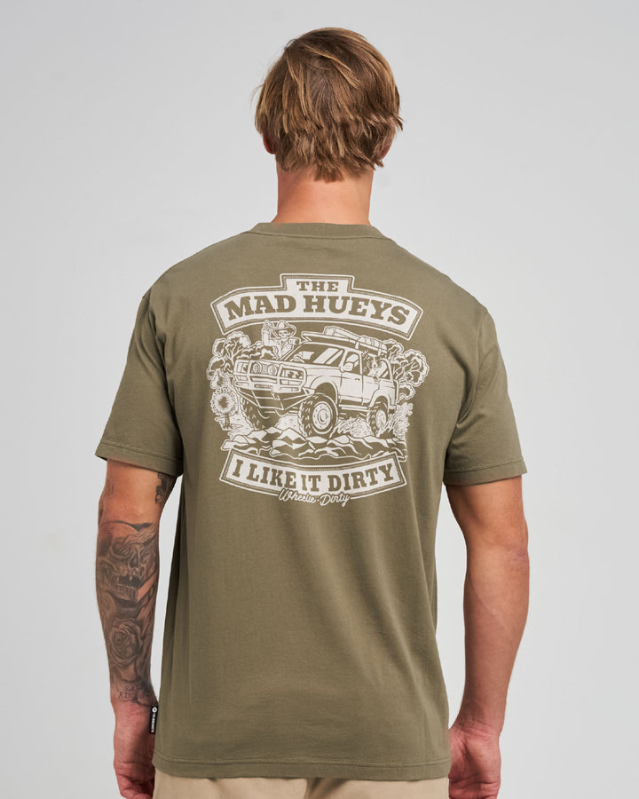 The Mad Hueys Wheelie Dirty SS T-shirt in Olive, alternate view 3
