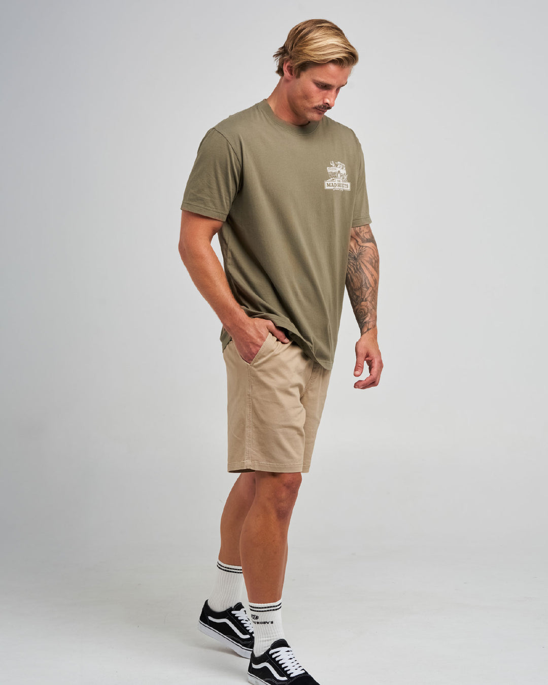 The Mad Hueys Wheelie Dirty SS T-shirt in Olive, alternate view 5