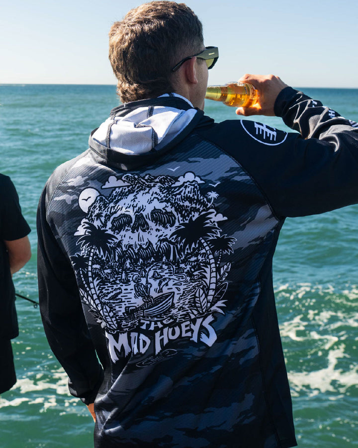 SKULL PARADISE JUNGLE | UPF 50+ HOODED MASK FISHING JERSEY - BLACK