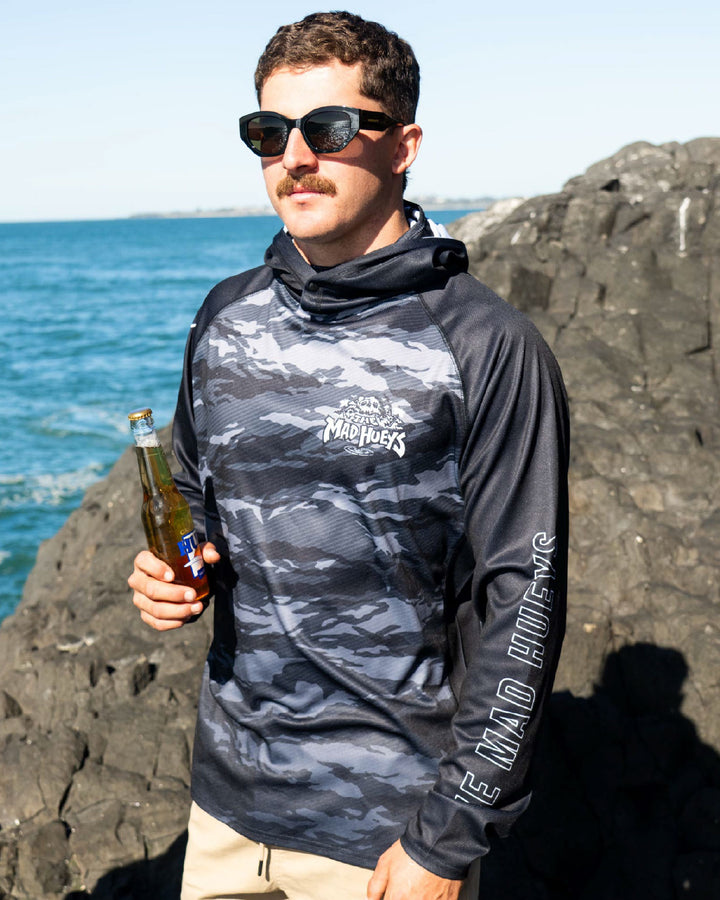 SKULL PARADISE JUNGLE | UPF 50+ HOODED MASK FISHING JERSEY - BLACK