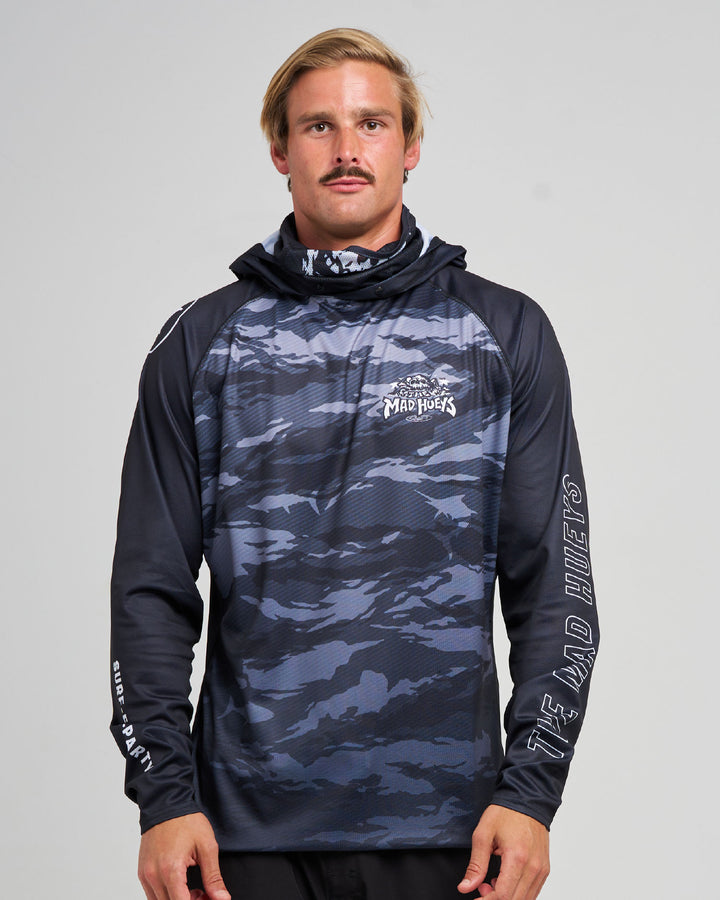 SKULL PARADISE JUNGLE | UPF 50+ HOODED MASK FISHING JERSEY - BLACK