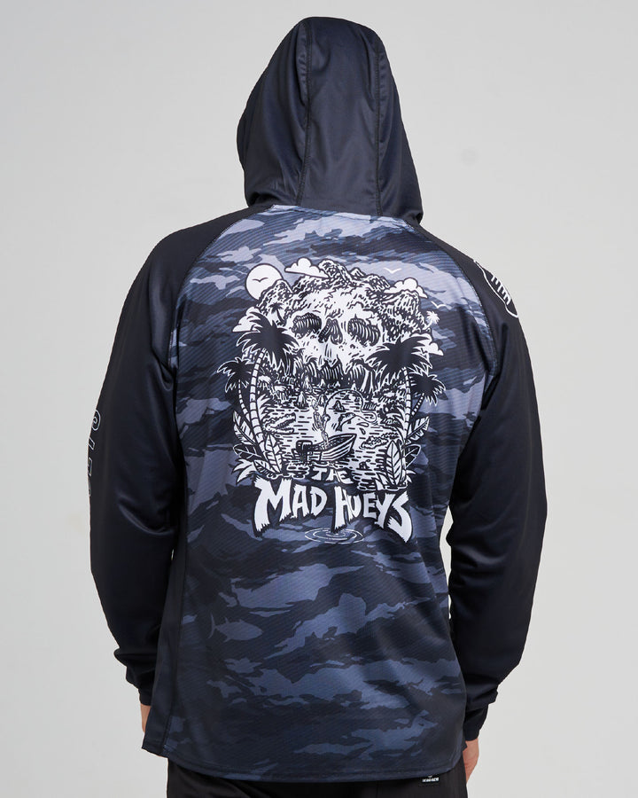 SKULL PARADISE JUNGLE | UPF 50+ HOODED MASK FISHING JERSEY - BLACK