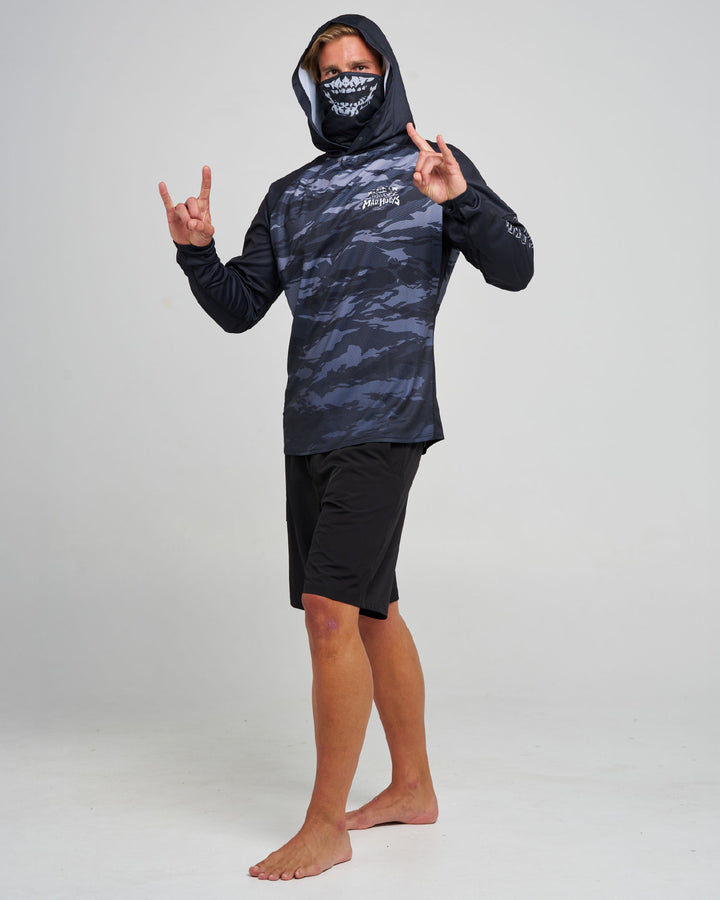 SKULL PARADISE JUNGLE | UPF 50+ HOODED MASK FISHING JERSEY - BLACK
