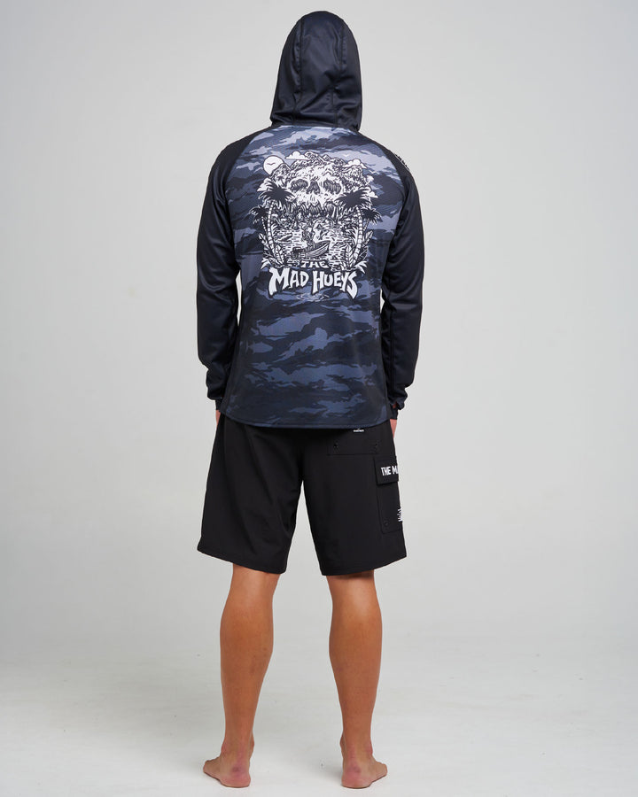 SKULL PARADISE JUNGLE | UPF 50+ HOODED MASK FISHING JERSEY - BLACK