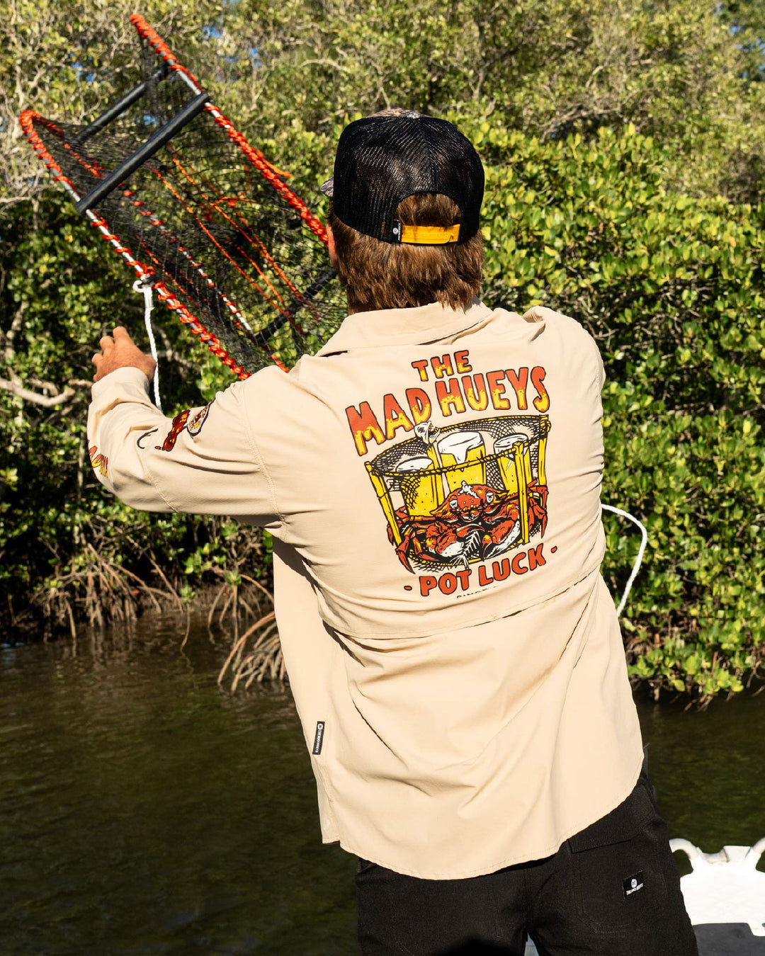 The Mad Hueys Pot Luck UPF 50+ Fishing Shirt in Tan, lifestyle view