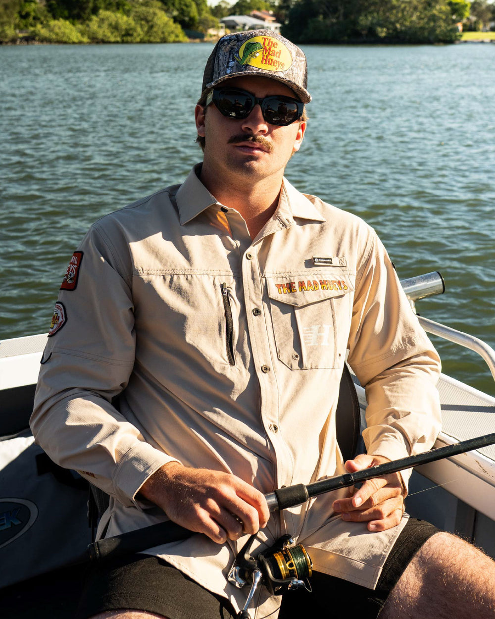 The Mad Hueys Pot Luck UPF 50+ Fishing Shirt in Tan, lifestyle view