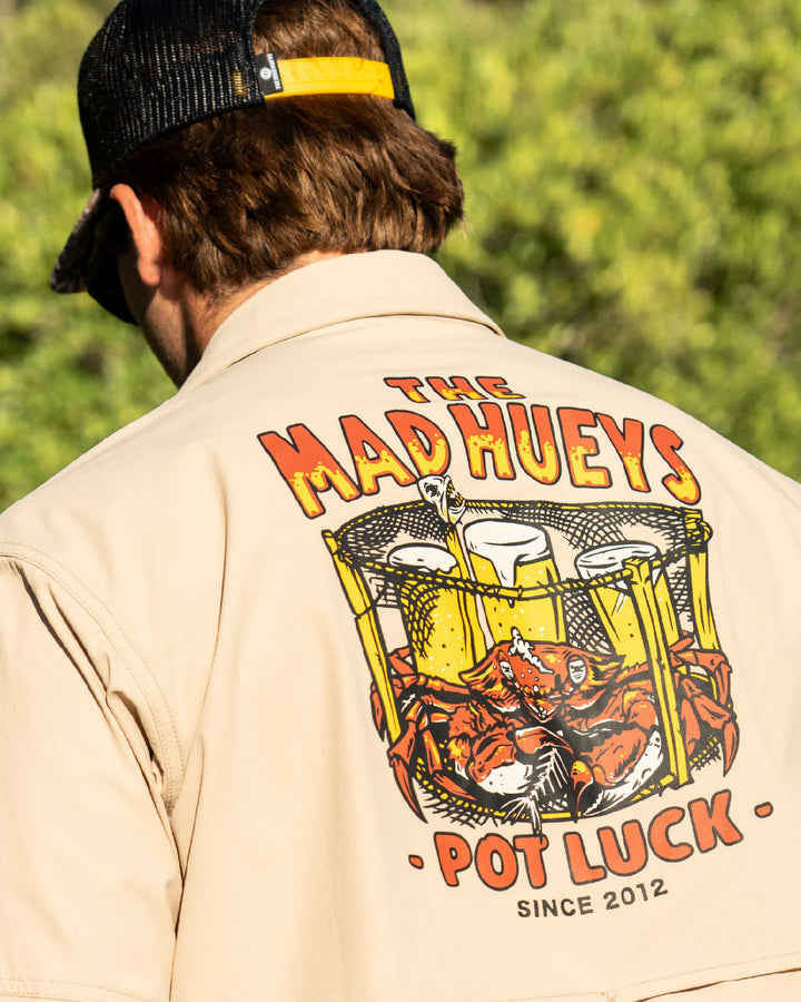 The Mad Hueys Pot Luck UPF 50+ Fishing Shirt in Tan, lifestyle view