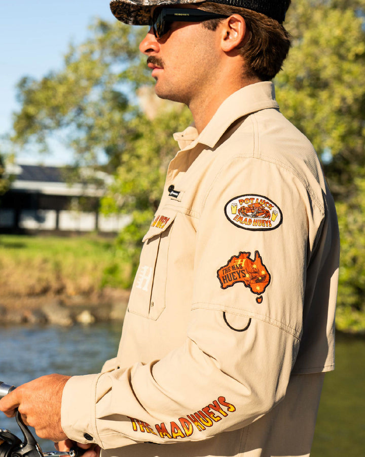 The Mad Hueys Pot Luck UPF 50+ Fishing Shirt in Tan, lifestyle view