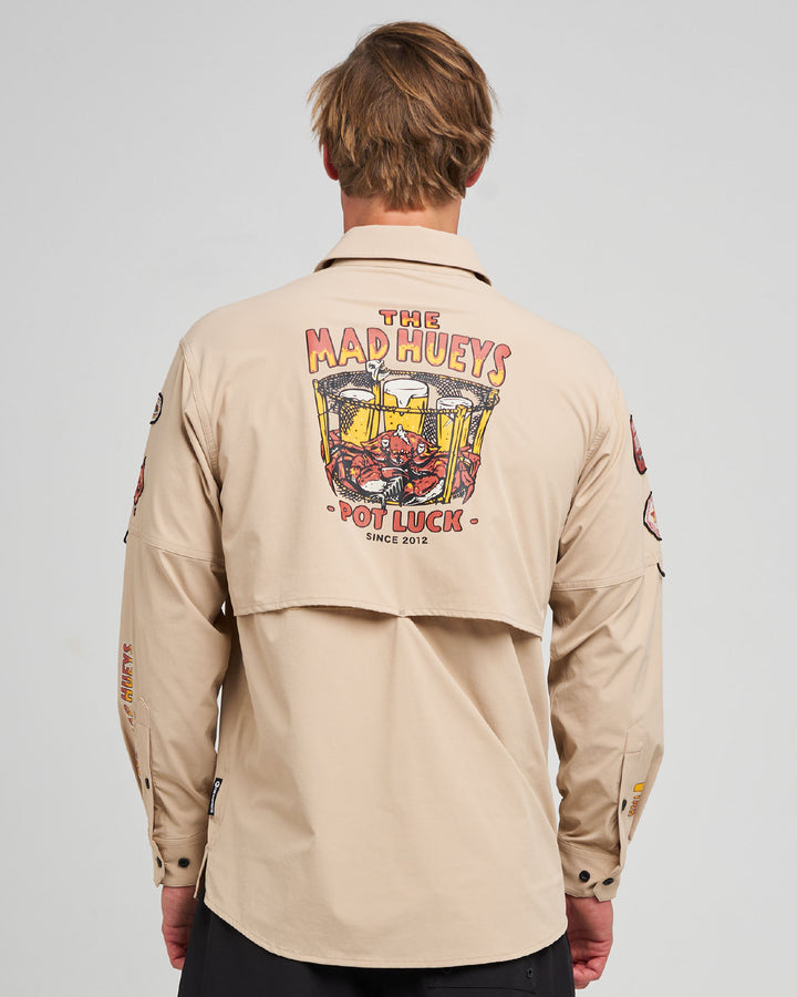 The Mad Hueys Pot Luck UPF 50+ Fishing Shirt in Tan, alternate view 5
