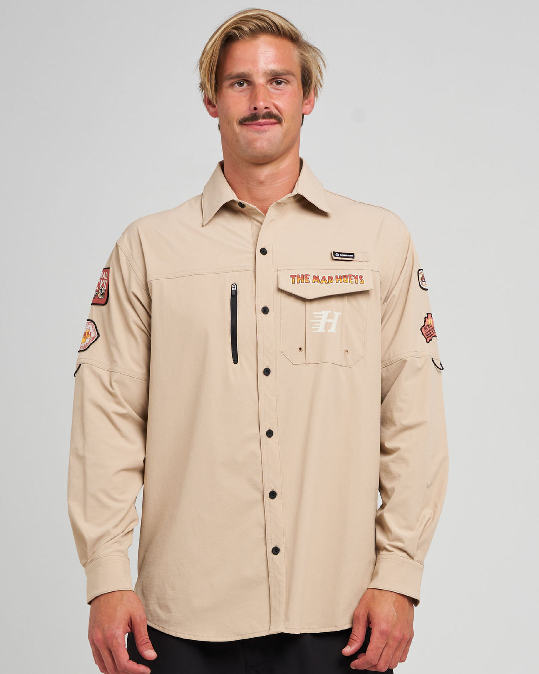 The Mad Hueys Pot Luck UPF 50+ Fishing Shirt in Tan, alternate view 6