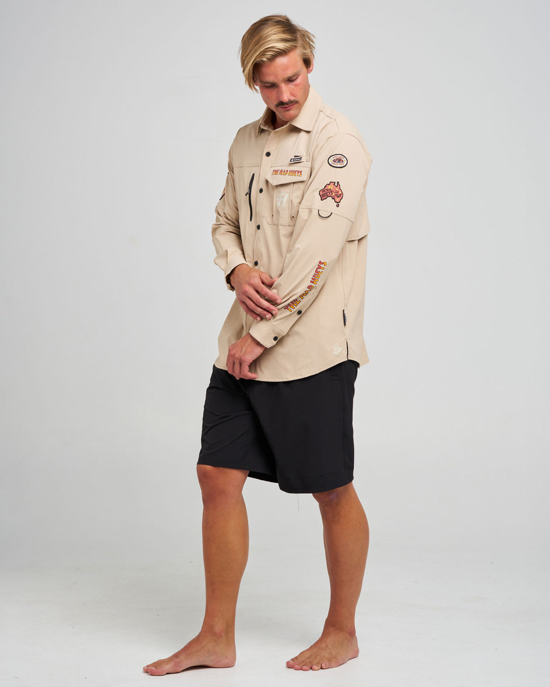 The Mad Hueys Pot Luck UPF 50+ Fishing Shirt in Tan, alternate view 7