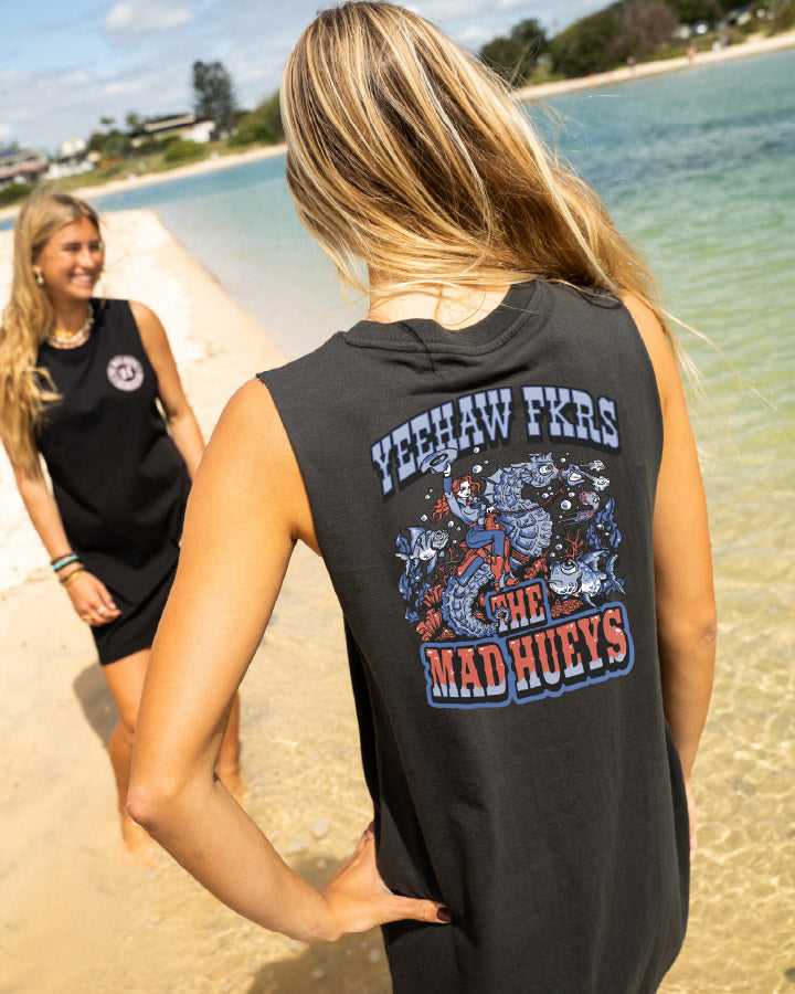 YEE HAW SEAHORSE | WOMENS MUSCLE BEACH DRESS - BLACK