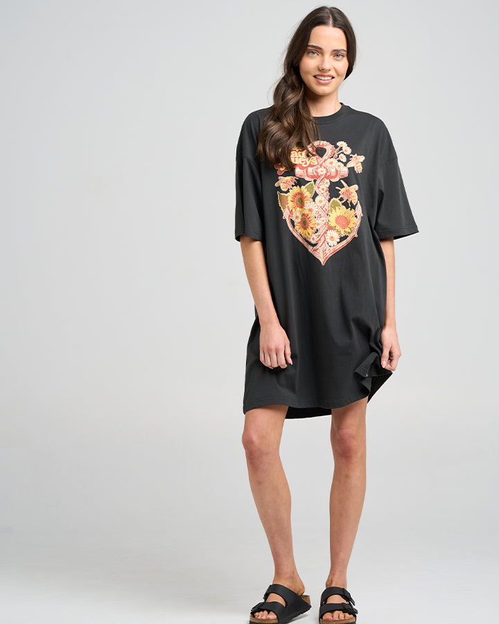 SUNFLOWER ANCHOR | WOMENS TEE DRESS - VINTAGE BLACK