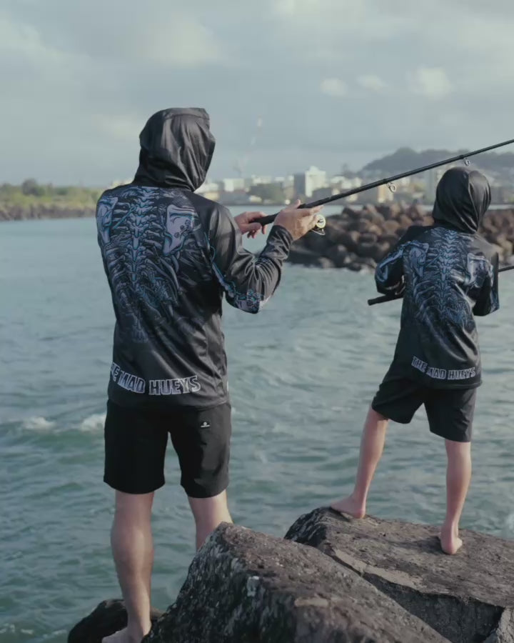 SKELETON HUEYS | UPF 50+ HOODED MASKED FISHING JERSEY - BLACK