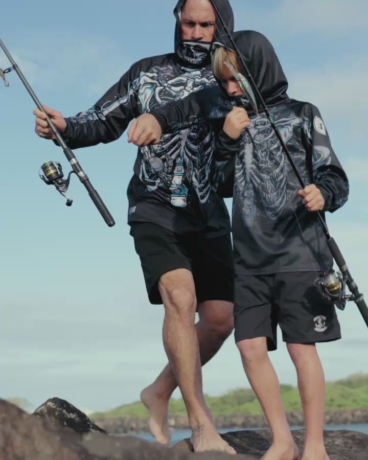 SKELETON HUEYS | YOUTH UPF 50+ HOODED MASKED FISHING JERSEY - BLACK