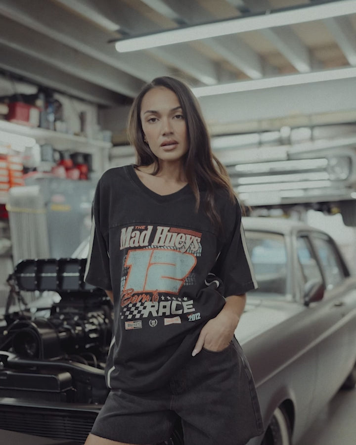 BORN TO RACE | WOMENS V NECK OVERSIZED TEE - WASHED BLACK
