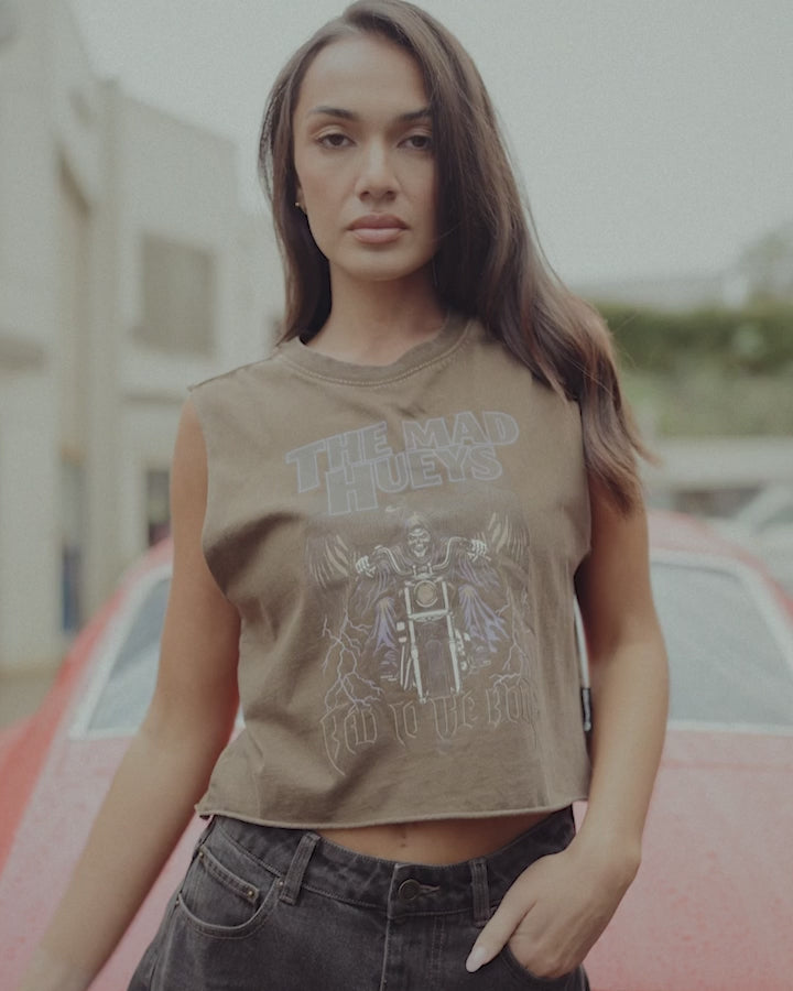 BAD TO THE BONE | WOMENS CROP MUSCLE - WALNUT WASHED